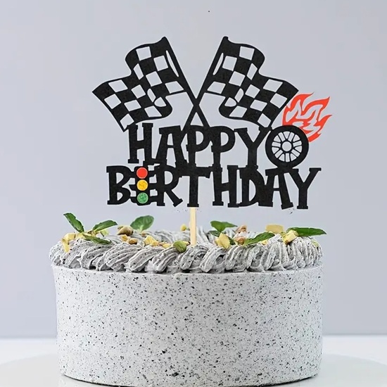 Racing Car Birthday Cake Topper with Checkered Flag & Flame